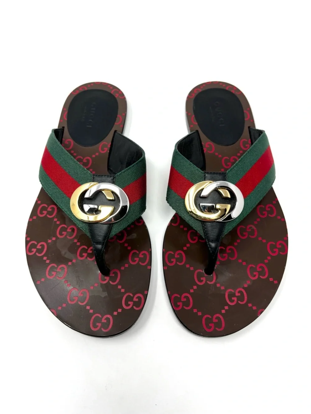 Gucci Kika Interlocking GG Logo Thong Sandals Flip Flops Flat Gold Silver 36.5 - Picture 11 of 11